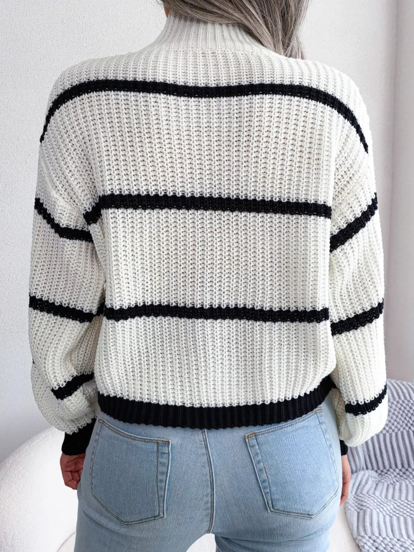 Cozy black and white striped plus size mock neck knit sweater