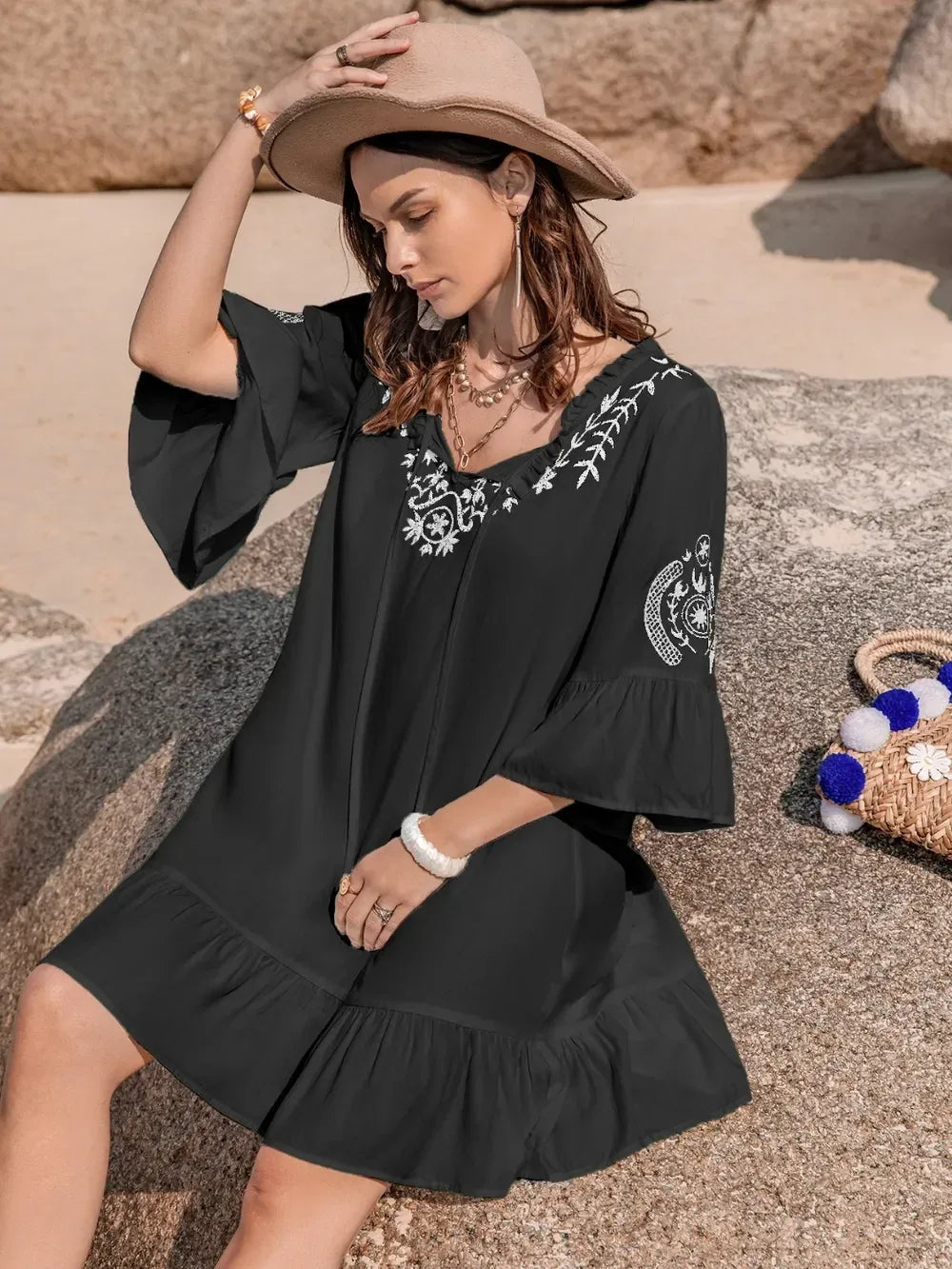 Printed Tie Neck Flounce Sleeve Mini Dress - DAVERRI FASHIONS