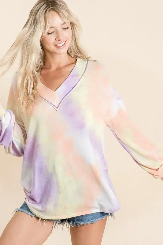 BiBi Tie Dye French Terry V-Neck Top with Puff Sleeves - DAVERRI FASHIONS