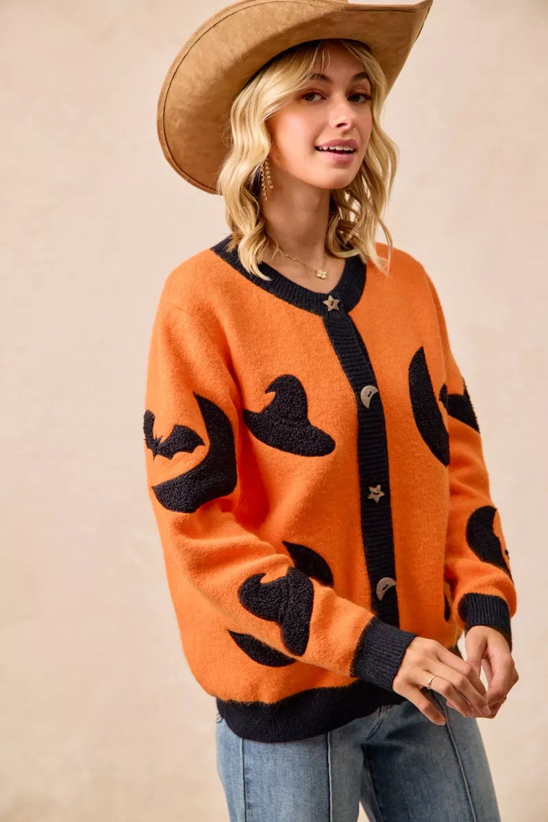 BiBi Halloween Witch Hat Moon Bat Artwork Cardigan | Cardigans Daverri Fashions