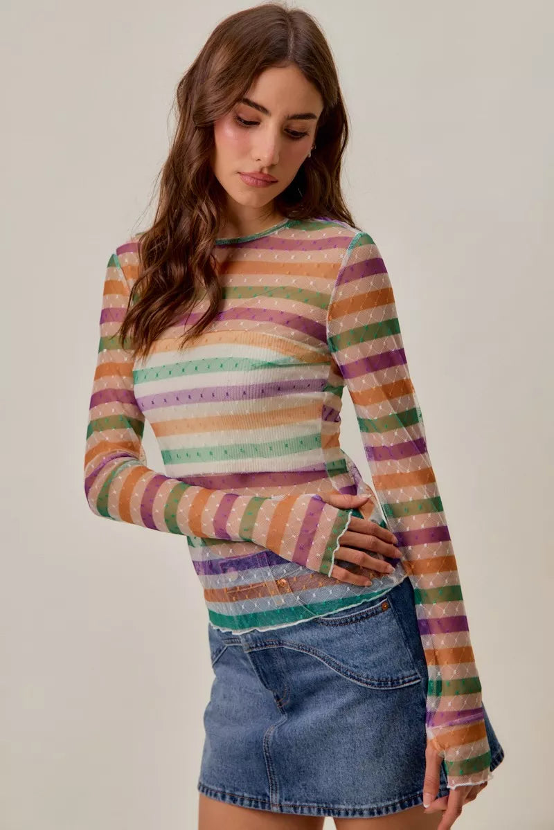 SO ME Mardi Gras color stripe stretch mesh top in pastel hues