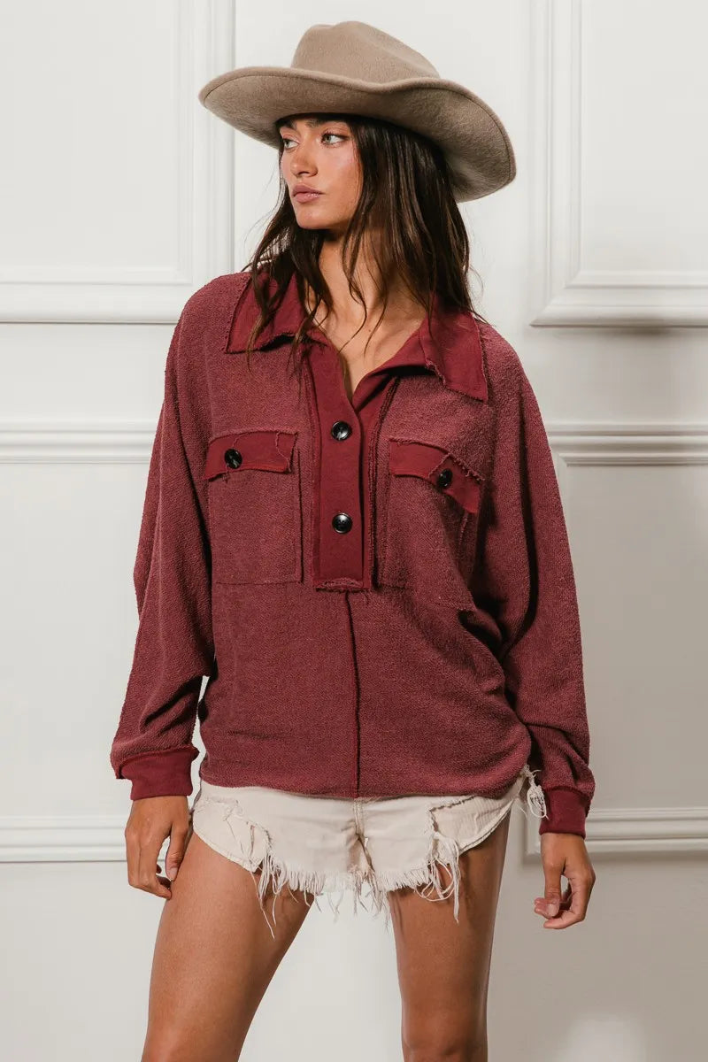 MARSALA BiBi Cp French Terry Cut Edge Detail Collared Top | Tops Daverri Fashions