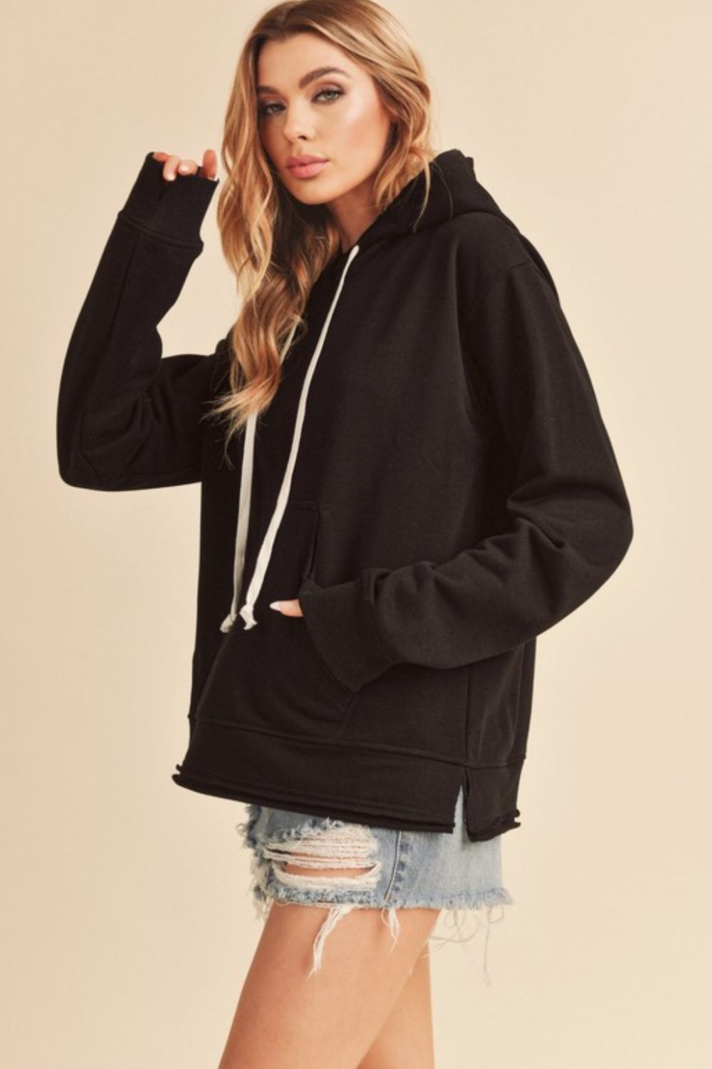 Aemi + Co Raw Hem Kangaroo Pocketed Drawstring Hoodie Hoodies