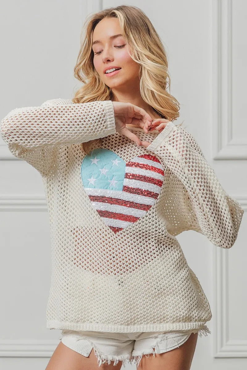 BiBi Sequin American Flag Heart Knit Cover-Up Cover-Ups