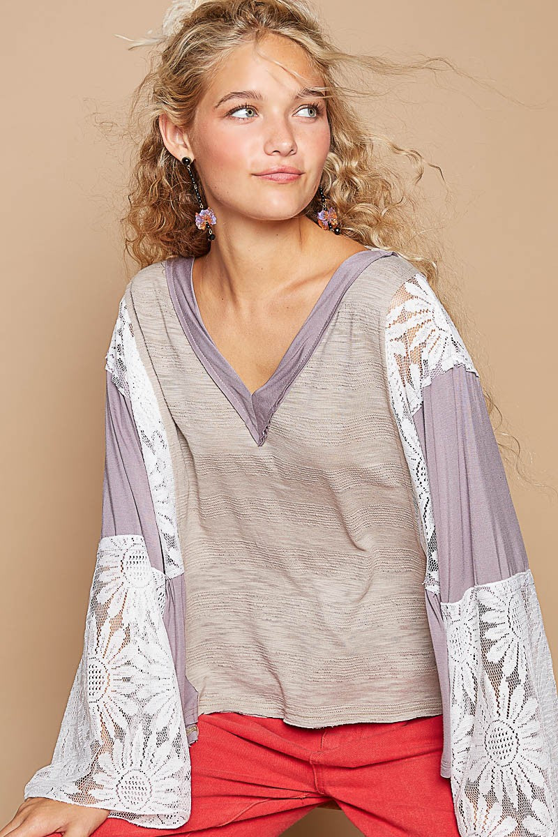 POL Lace Detail V-Neck Flare Sleeve Blouse Gray