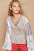 POL Lace Detail V-Neck Flare Sleeve Blouse Gray S Blouses