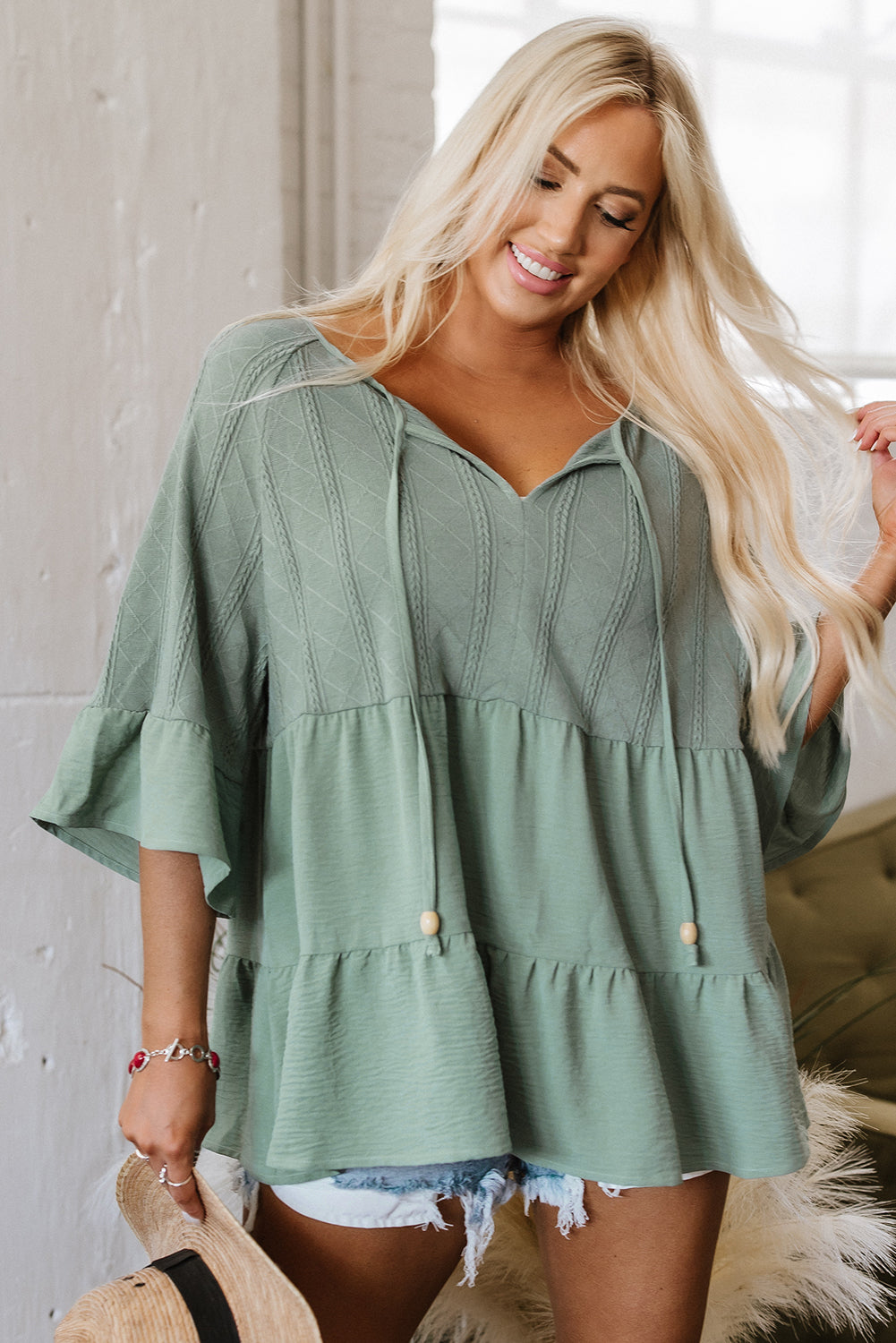 Laurel Green textured ruffle patchwork blouse in soft sage green