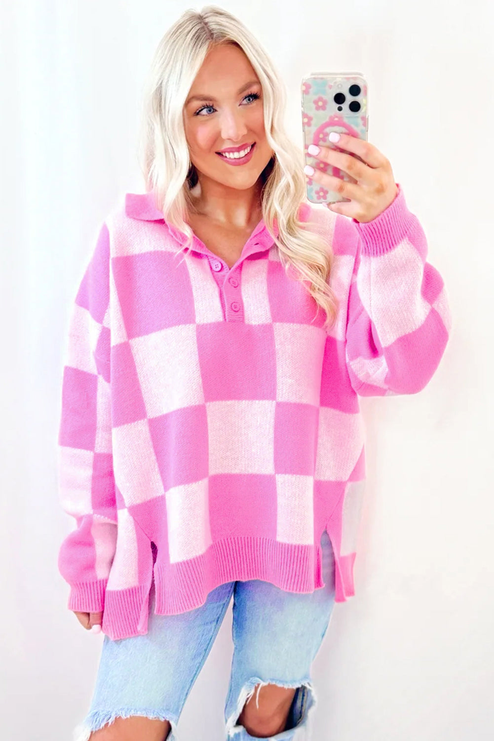 Pink Checkerboard Half Button Collared Drop Shoulder Sweater | Sweaters & Cardigans/Sweaters Daverri Fashions