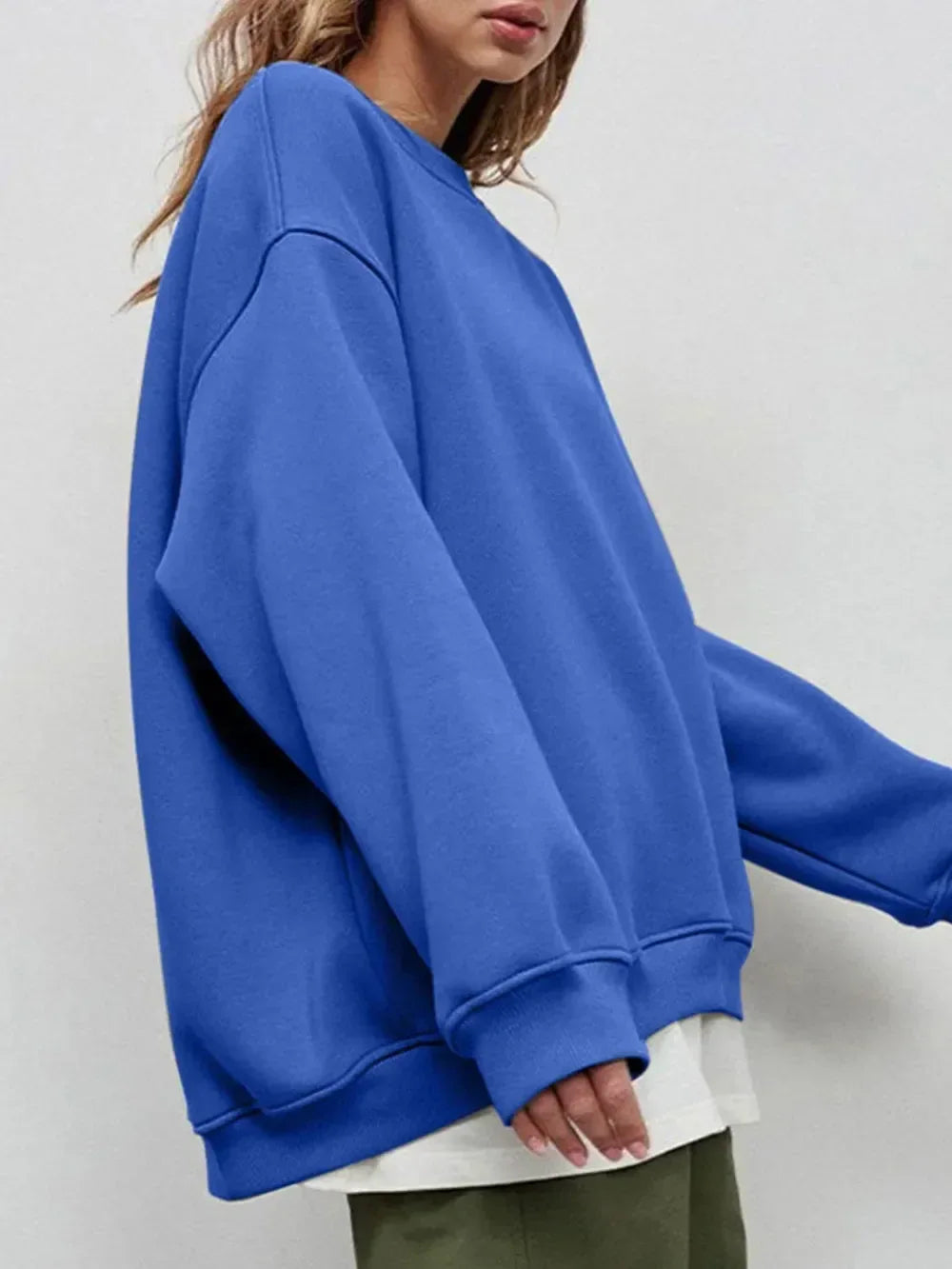 Round Neck Dropped Shoulder Long Sleeve Sweatshirt - DAVERRI FASHIONS