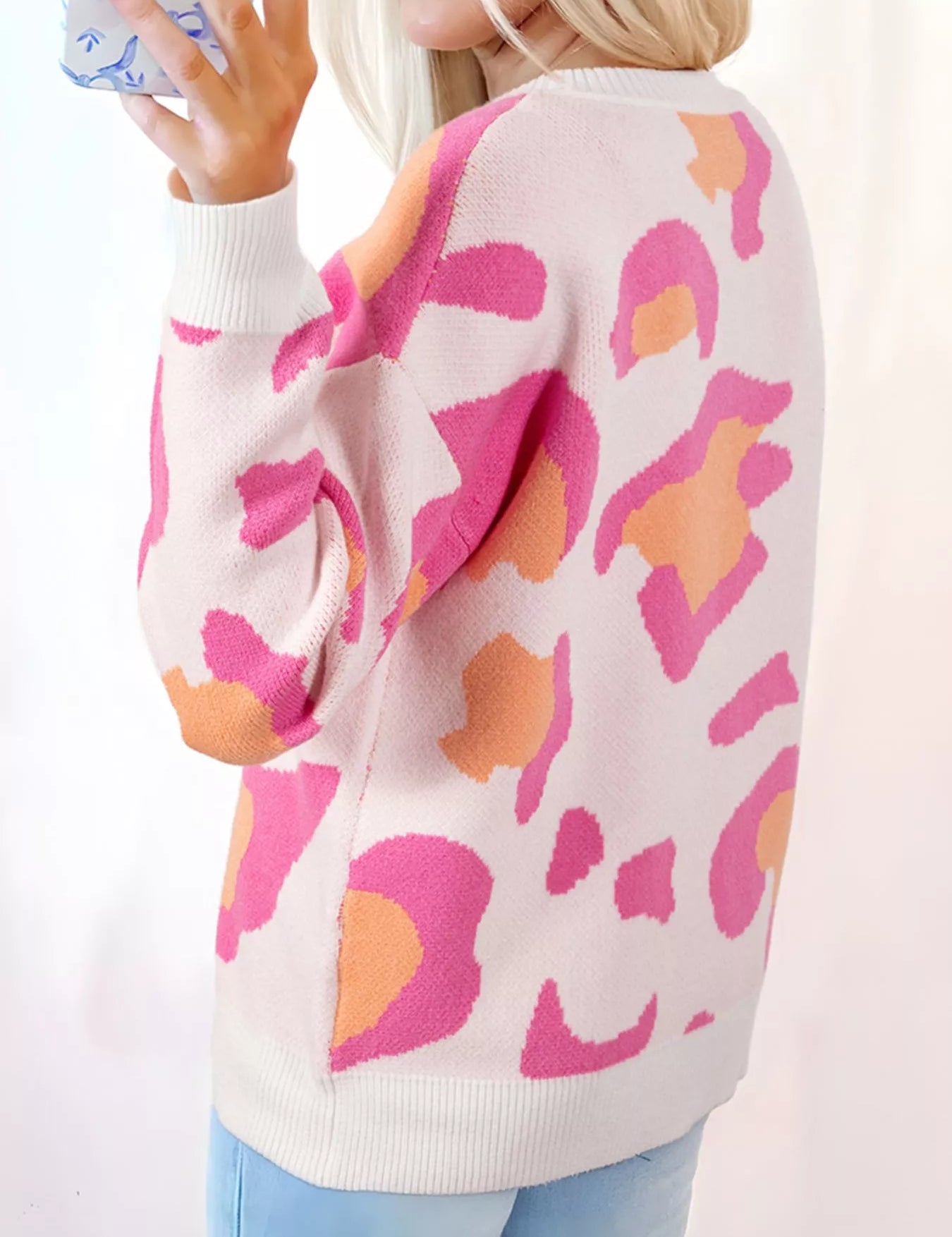 Leopard Print Drop Shoulder Baggy Sweater | Sweaters Daverri Fashions