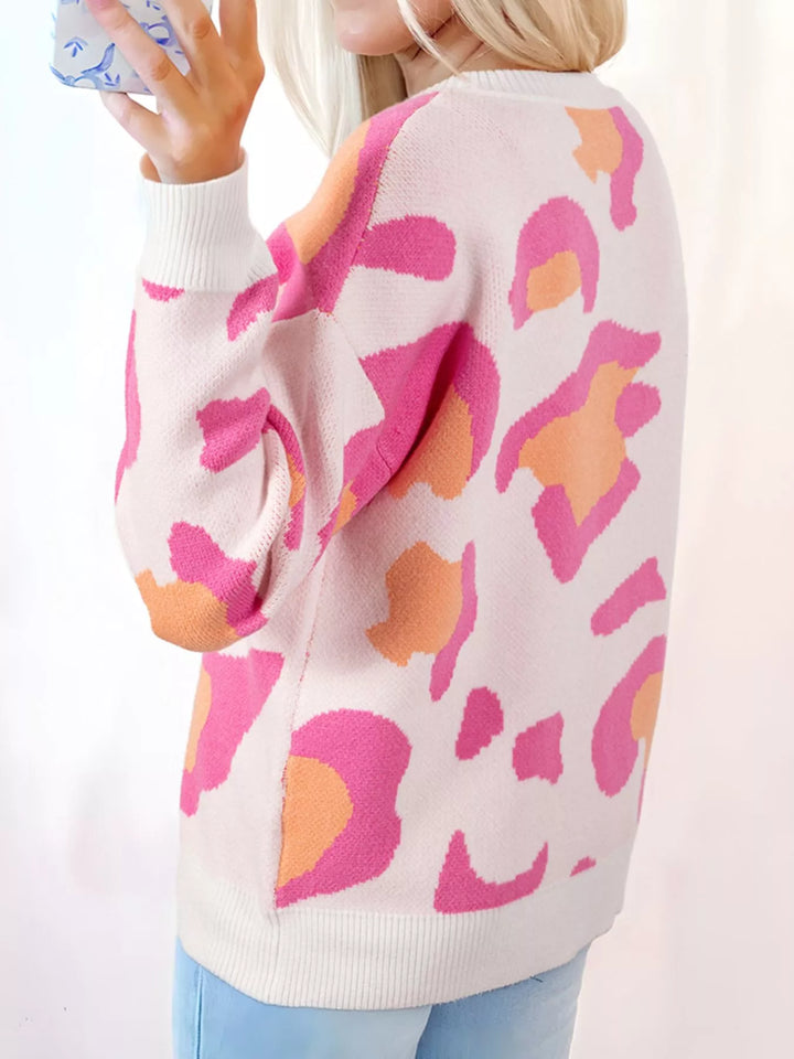 Leopard Print Drop Shoulder Baggy Sweater | Sweaters Daverri Fashions