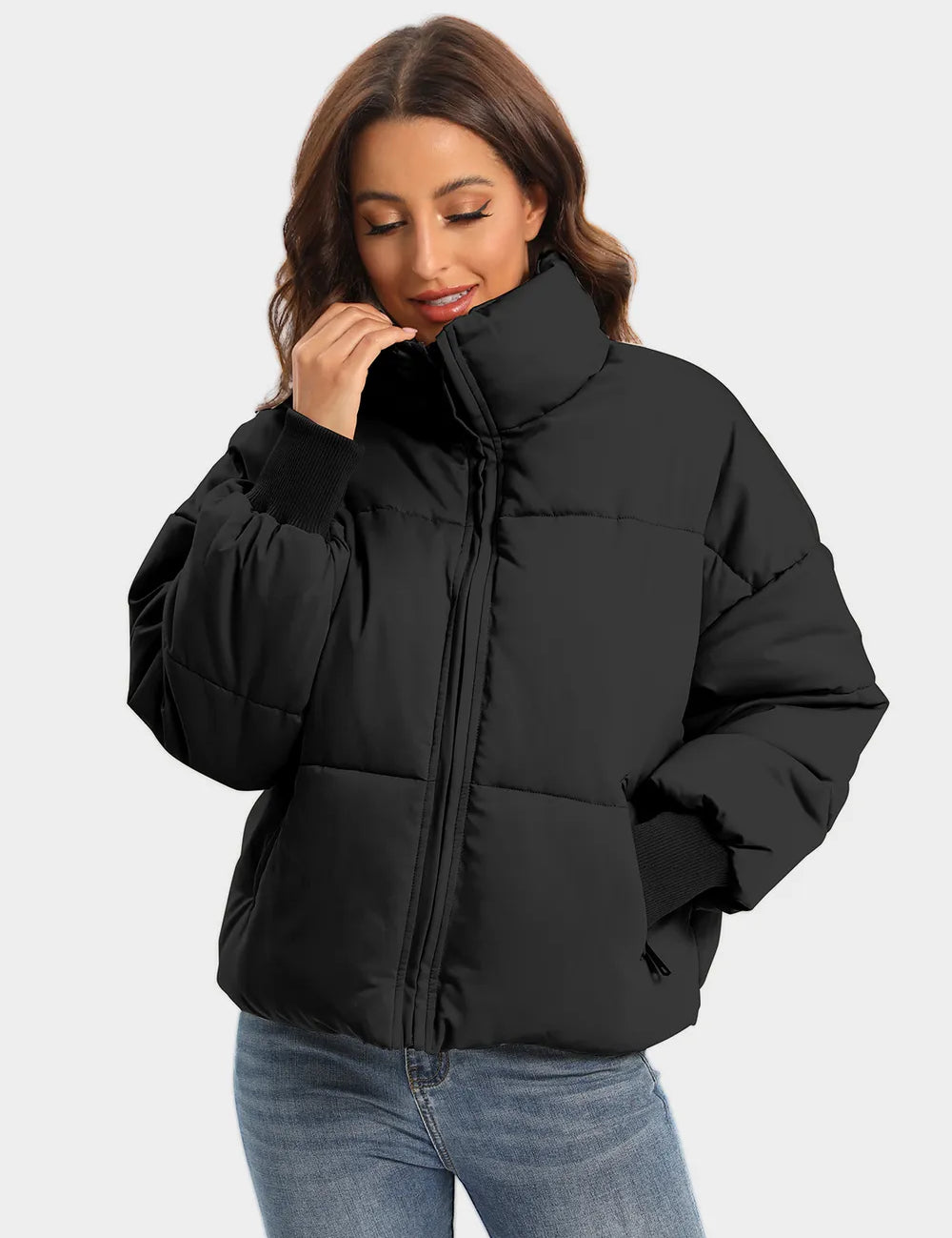 Black zip-up turtleneck puffer jacket with ruffled sleeves