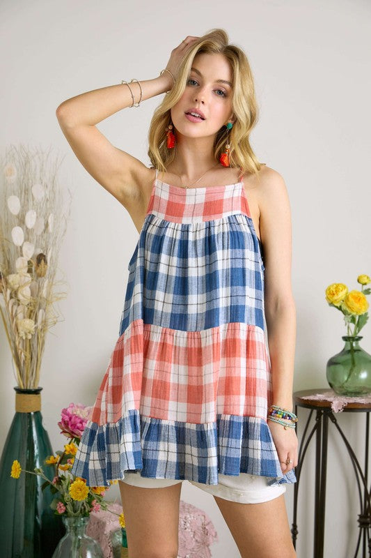 ADORA Plaid Tiered Babydoll Cami Peach Denim