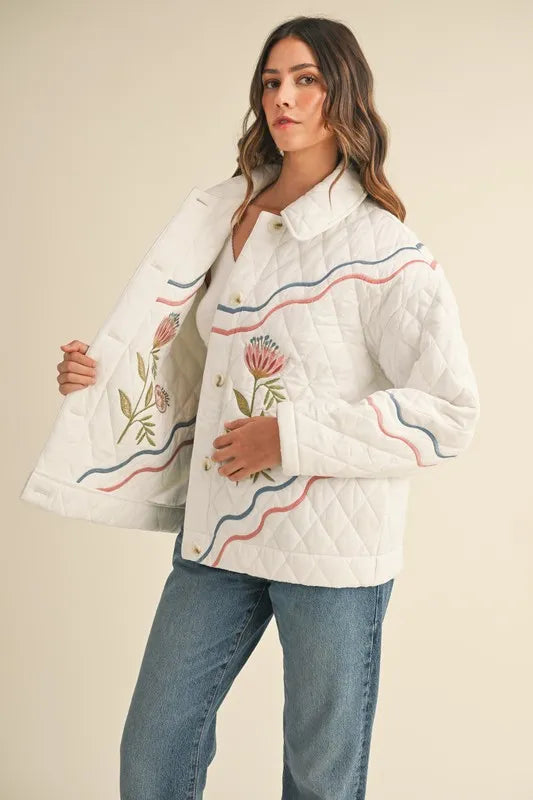 MABLE Floral Multi Color Embroidered Quilted Jacket