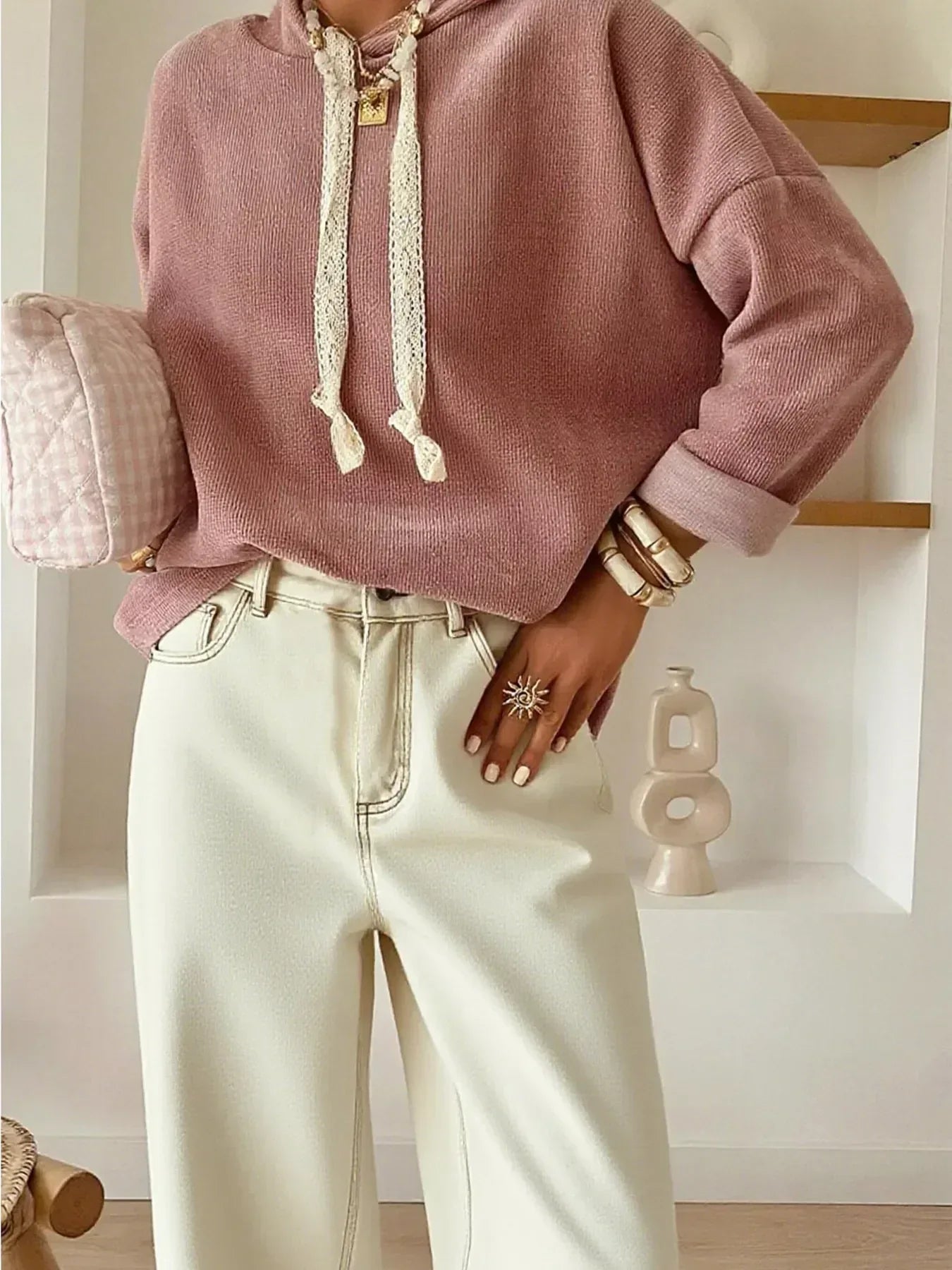 Drawstring Dropped Shoulder Hoodie - DAVERRI FASHIONS