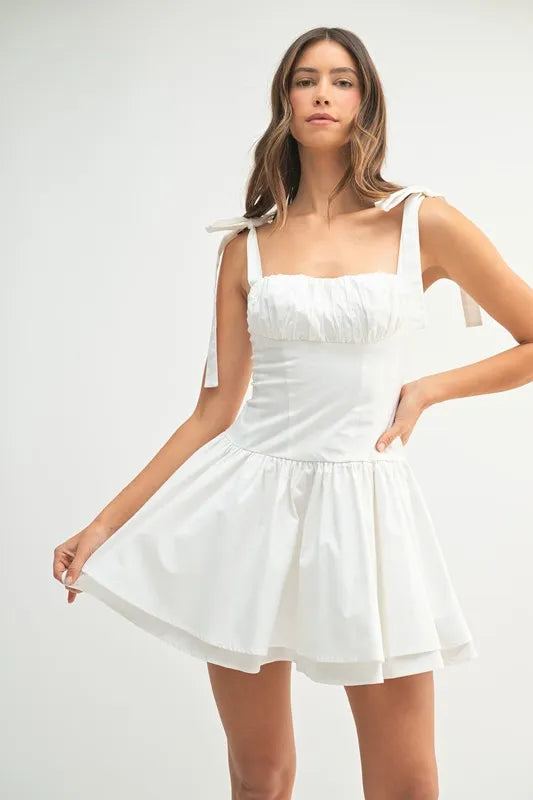 MABLE Shoulder Tie Corset Panel Mini Dress OFF WHITE