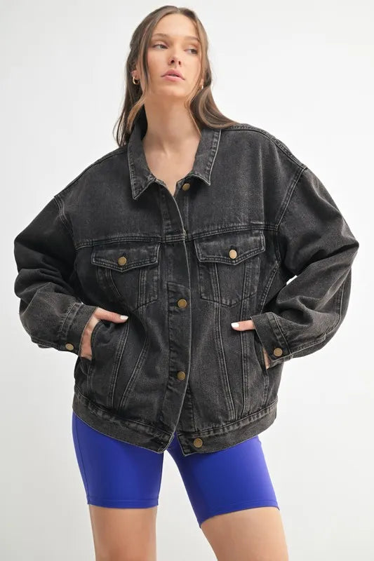 MONO B Boxy-Cut Denim Jacket CHARCOAL GREY