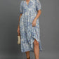 Umgee Full Size Printed Puff Short Sleeve Midi Dress Plus Size BLUE MIX Mid Dresses