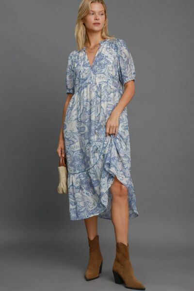 Umgee Full Size Printed Puff Short Sleeve Midi Dress Plus Size BLUE MIX Mid Dresses