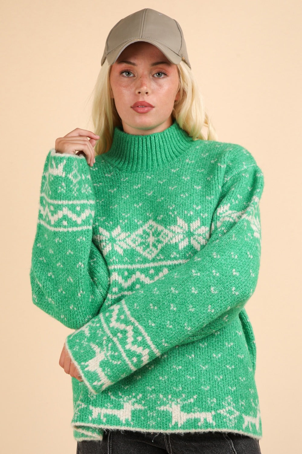 Green Christmas Element Mock Neck Long Sleeve Sweater Tops