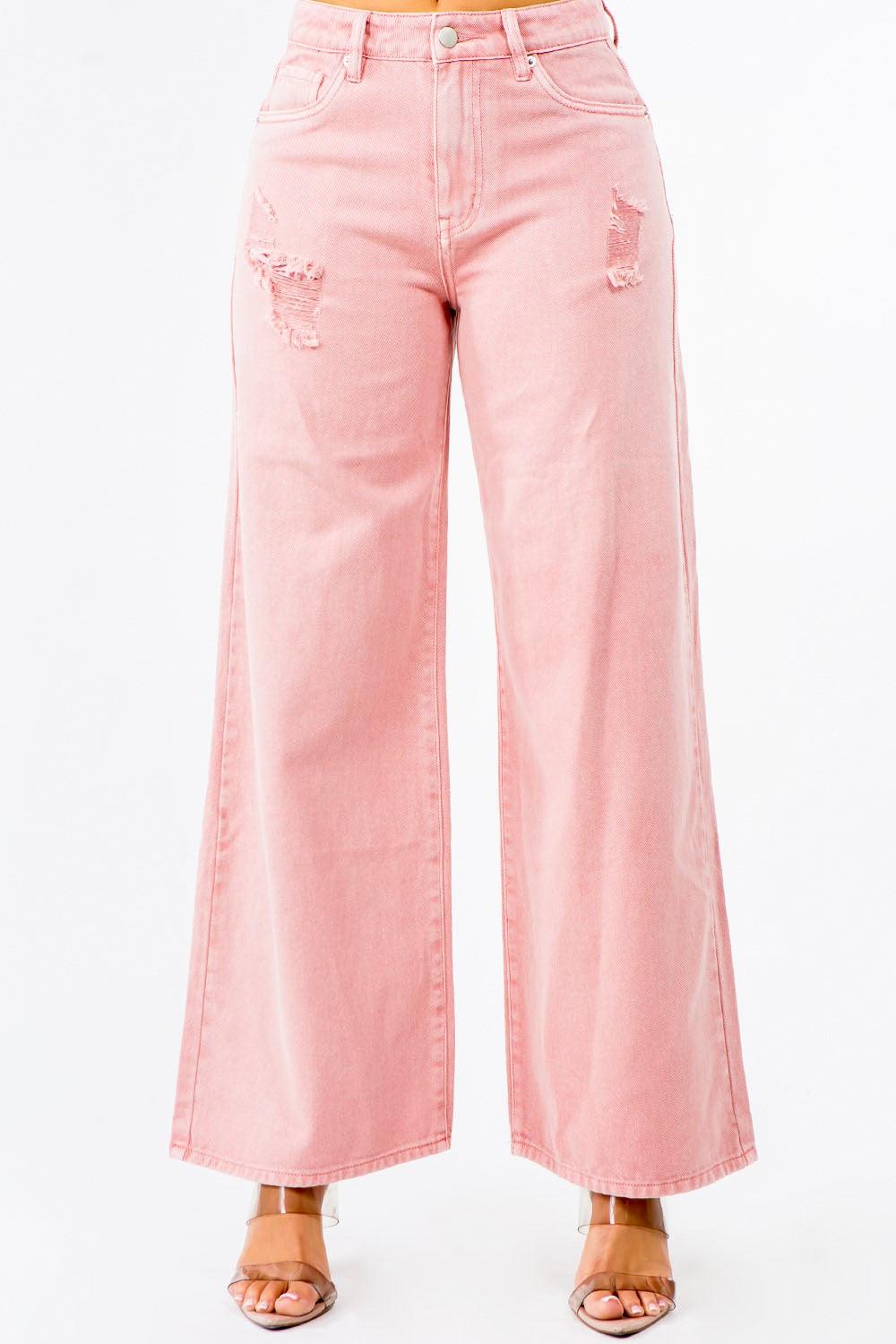 American Bazi Blush Pink High Waist Distressed Wide Leg Jeans Blush Pink 5 Jeans