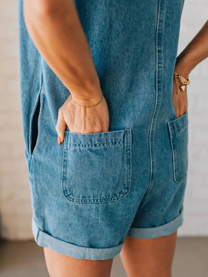 Zip Front Sleeveless Denim Romper | Rompers Daverri Fashions