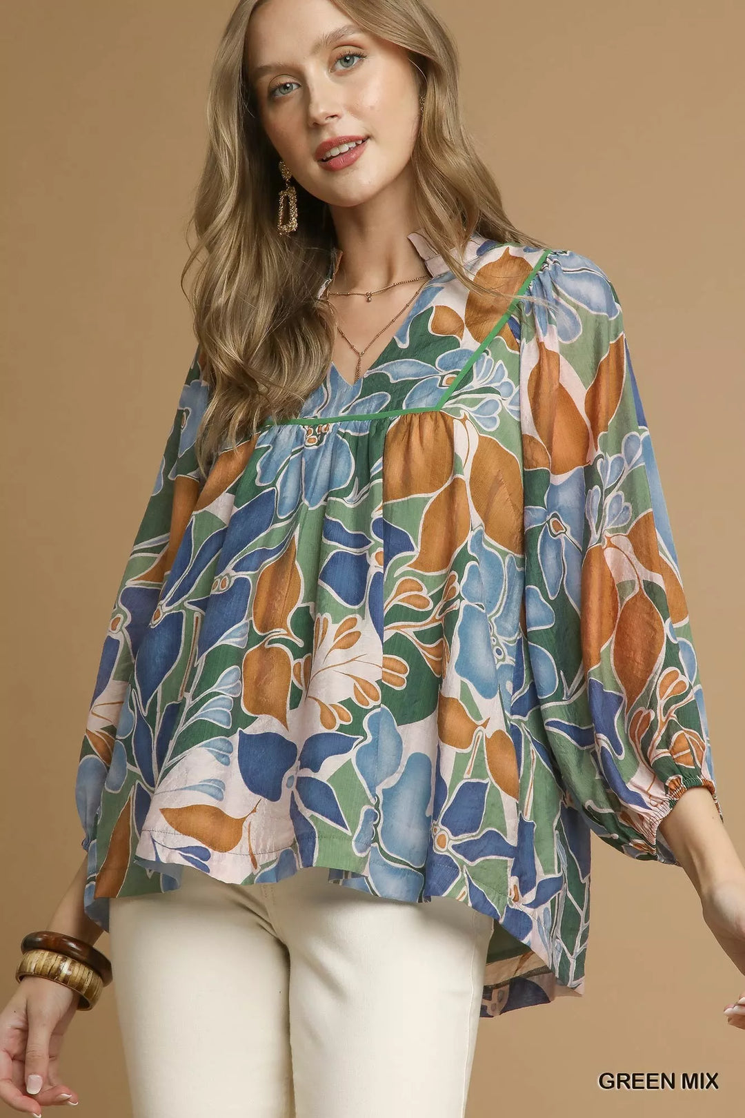 GREEN MIX Umgee Multicolor Abstract Floral Print Blouse with Ruffle Neck | Blouses Daverri Fashions