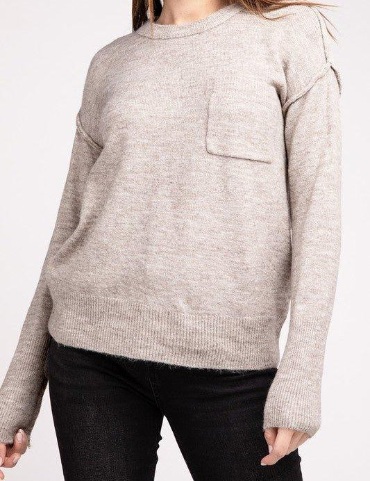 Zenana Hi-Low Hem Round Neck Sweater H MOCHA Sweaters