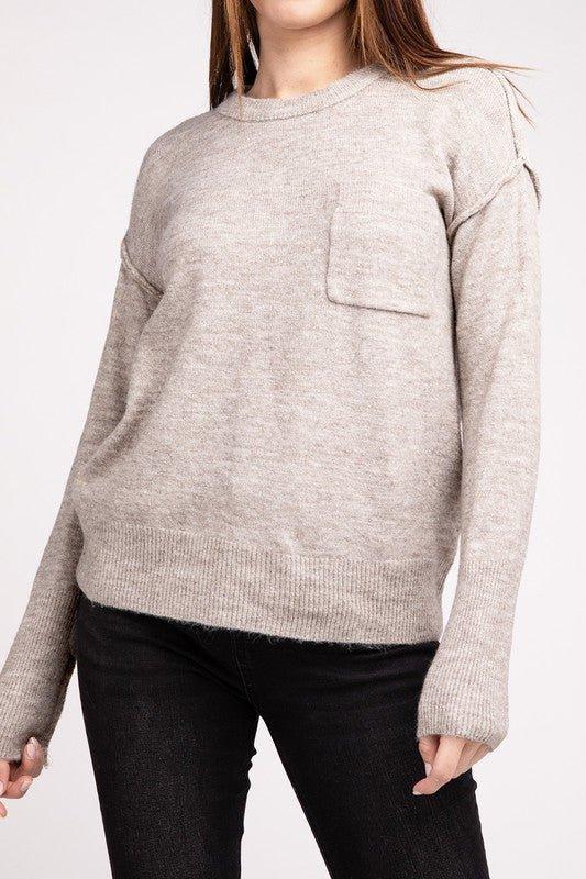 Zenana Hi-Low Hem Round Neck Sweater H MOCHA Sweaters