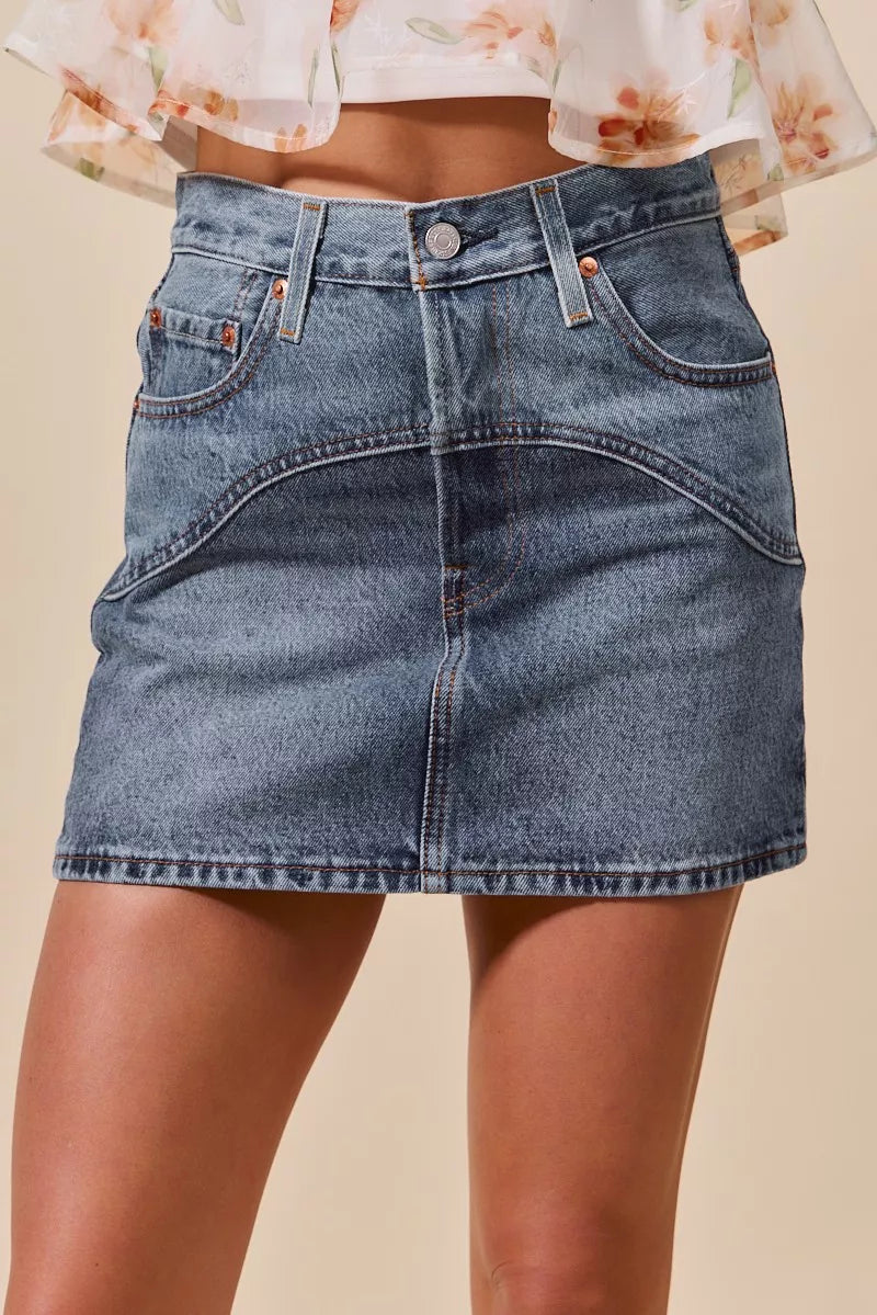 DENIM L SO ME Washed Denim Mini Skirt with Pockets | Skirts Daverri Fashions