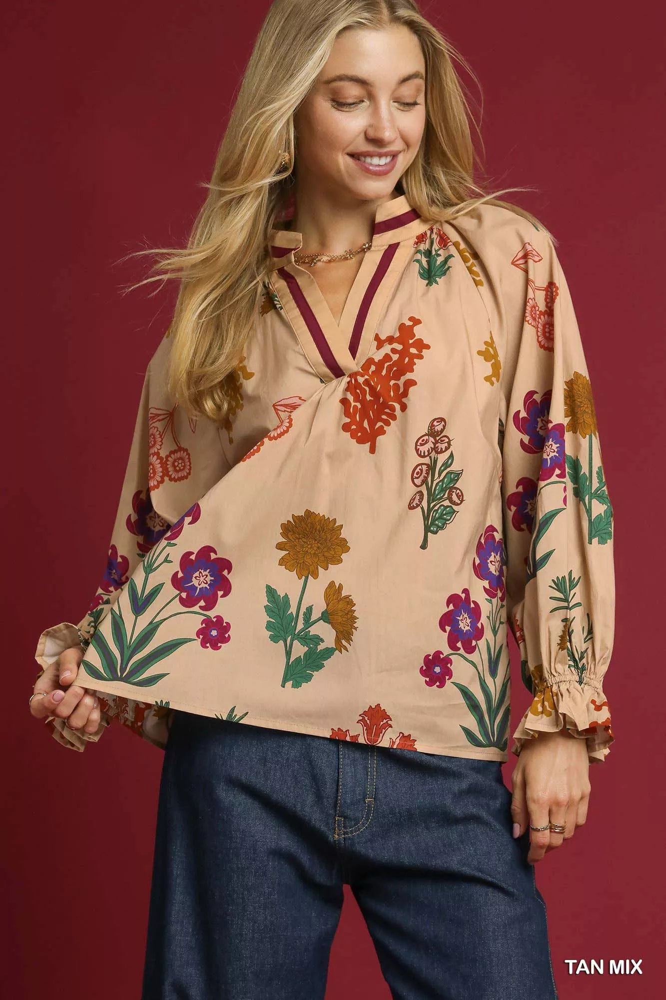Umgee Floral Print Flounce Sleeve Blouse | Blouses Daverri Fashions