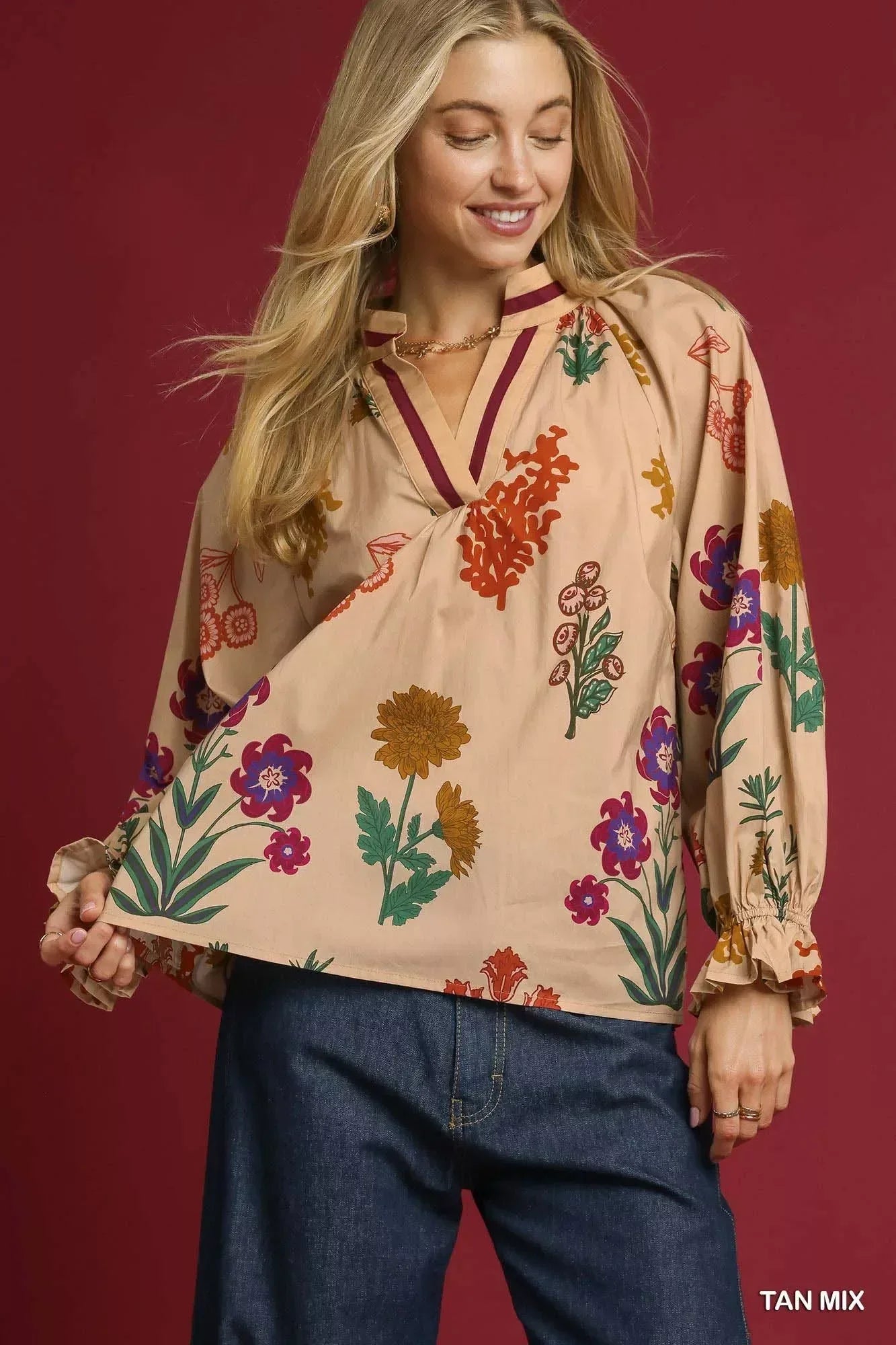 Umgee Floral Print Flounce Sleeve Blouse - DAVERRI FASHIONS