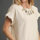 Umgee linen scalloped round neck top in cream textured fabric with flutter sleeves