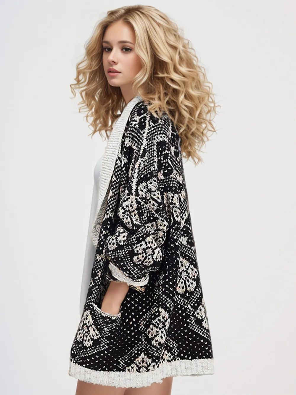Open Front Long Sleeve Graphic Cardigan | Cardigans Daverri Fashions