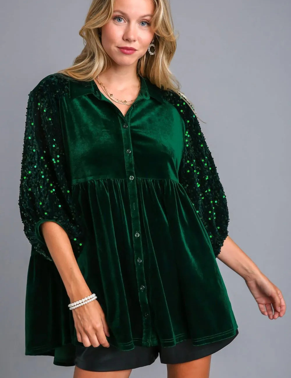 Umgee Sequin Detail Tiered Back Half Sleeve Shirt | Daverri Fashions