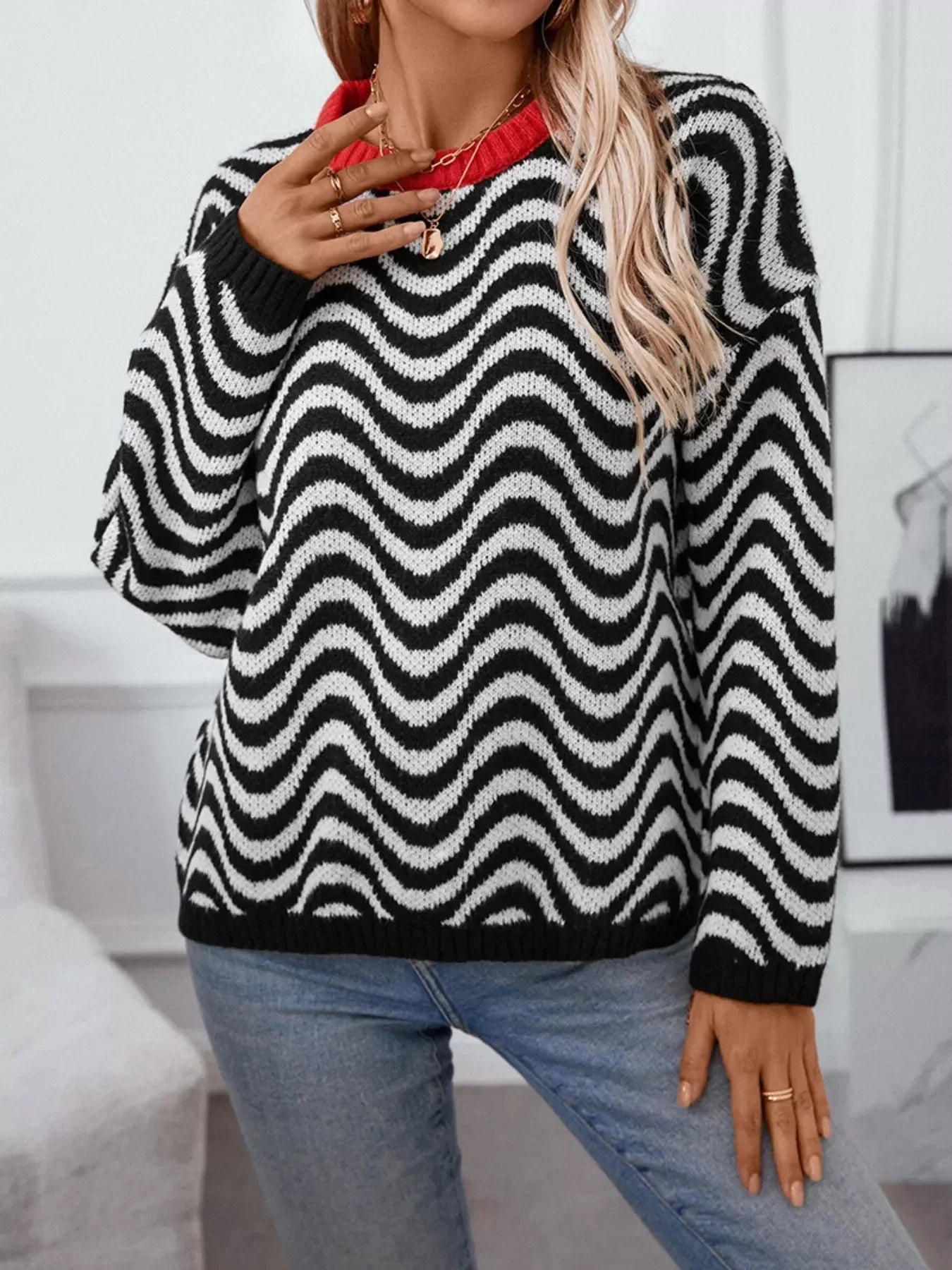 Wavy Striped Round Neck Sweater - DAVERRI FASHIONS