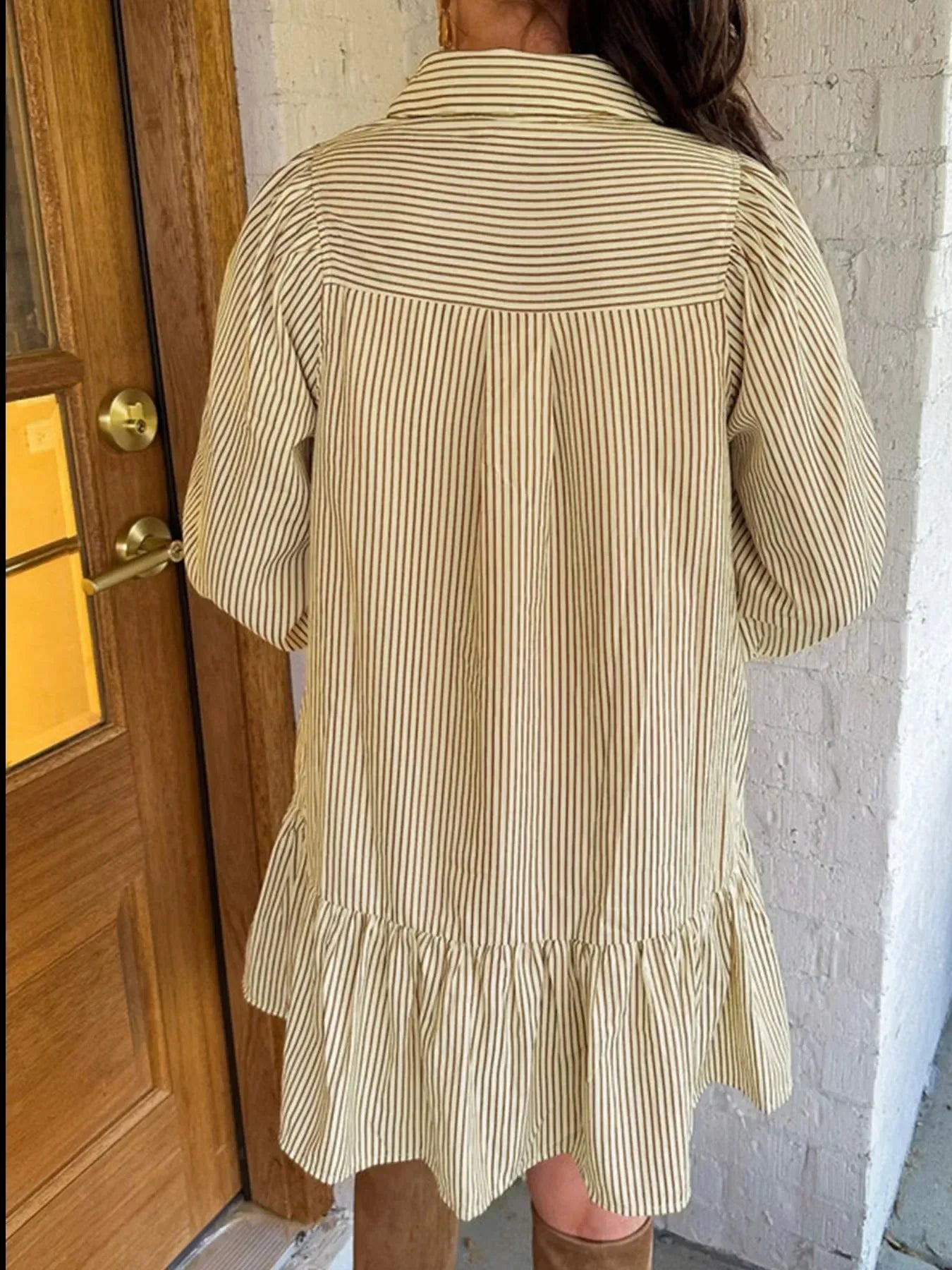 Stripe Collared Neck Cuffed Long Sleeve Drop Waist Mini Dress - DAVERRI FASHIONS