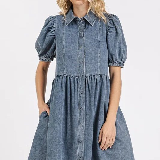 DENIM Mittoshop Button Down Puff Sleeve Denim Dress | Daverri Fashions