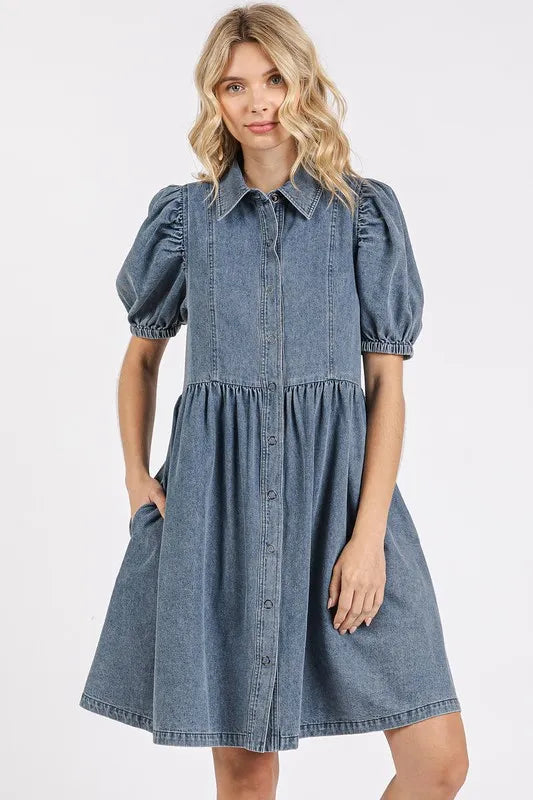 DENIM Mittoshop Button Down Puff Sleeve Denim Dress | Daverri Fashions