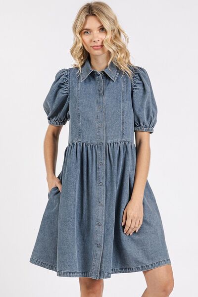 Mittoshop Button Down Puff Sleeve Denim Dress DENIM