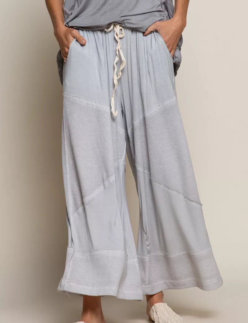 DOVE GREY POL Elastic Waistband Wide Leg Pants with Drawstring | Pants Daverri Fashions
