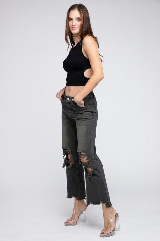 Distressed Vintage Washed Wide Leg Pants Pants