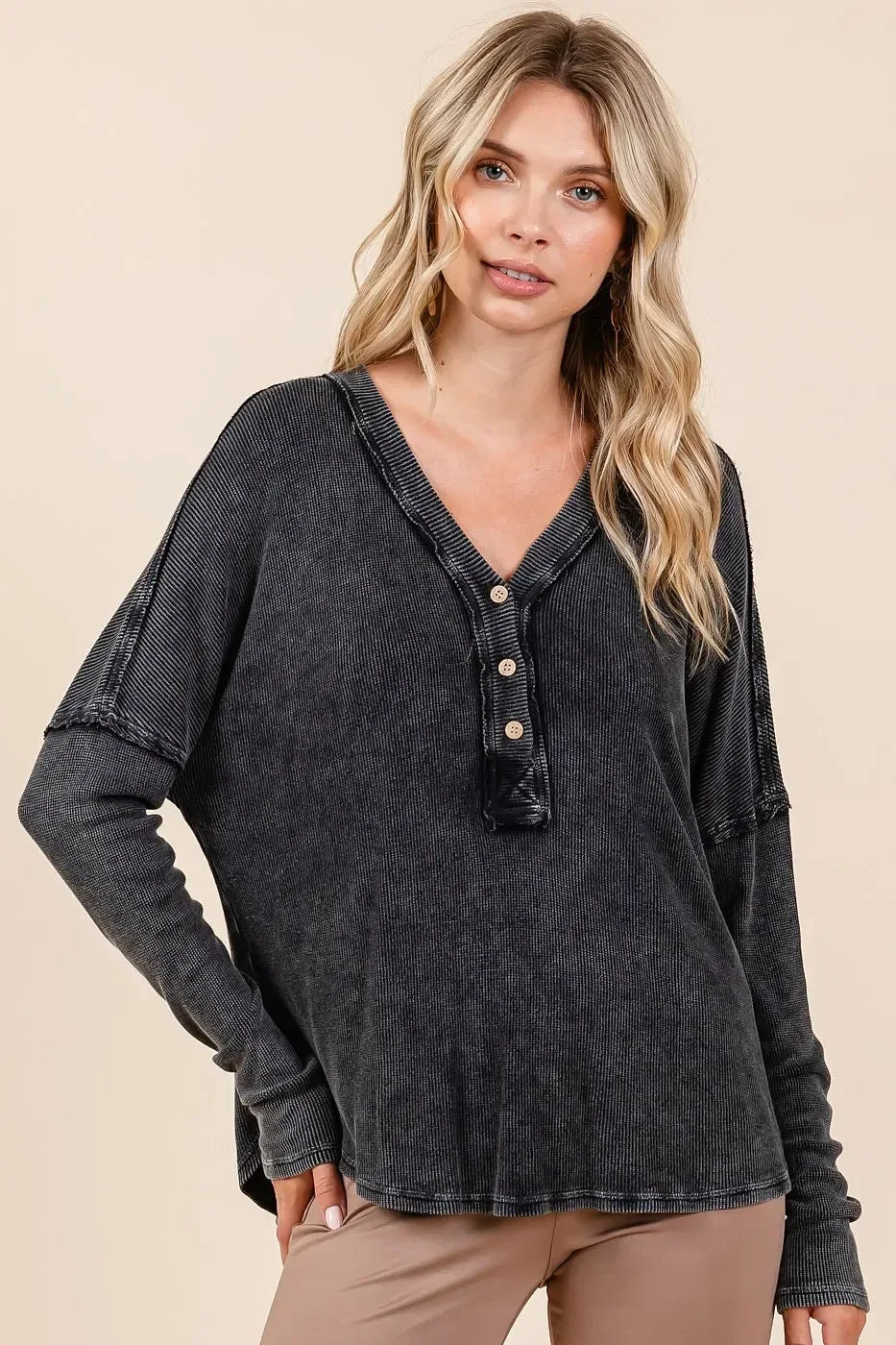 Mittoshop Washed V-Neck Long Sleeve Blouse - DAVERRI FASHIONS