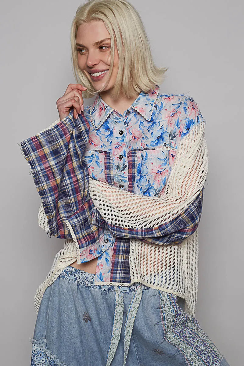 POL Floral Slit Back Plaid Patchwork Shirt Blue Shirt