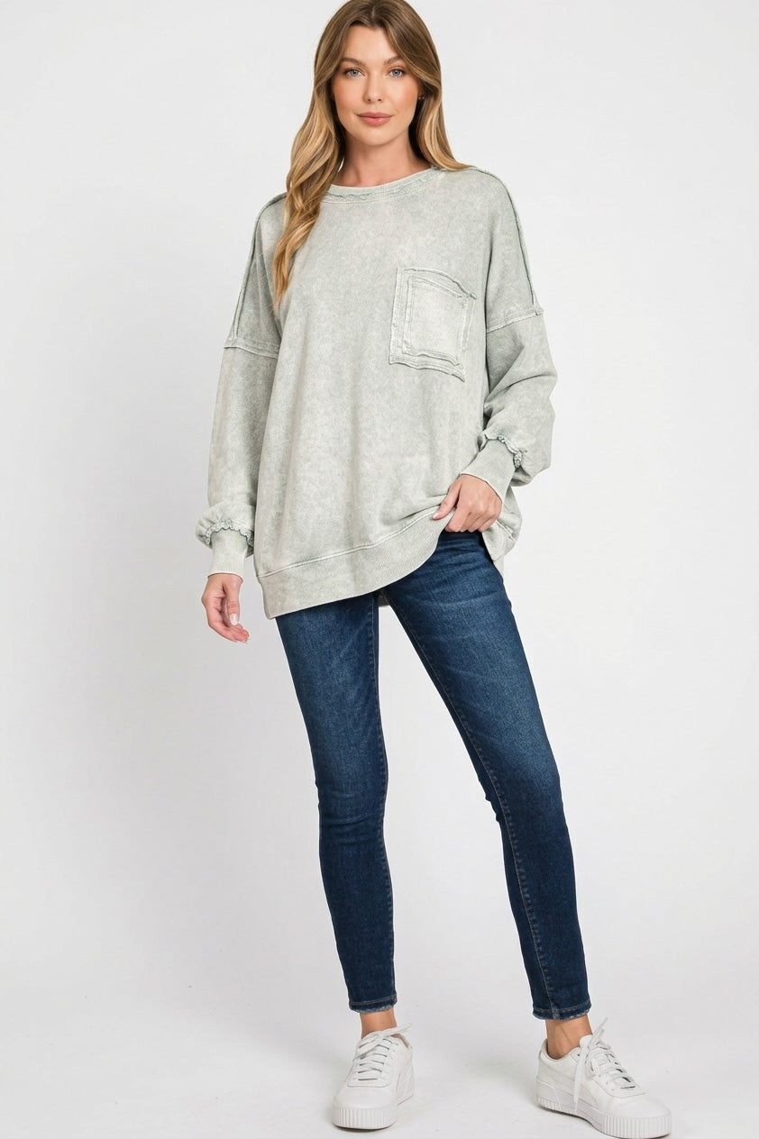 Zenana Halo light gray oversized sweatshirt with front pocket ruffled cuffs
