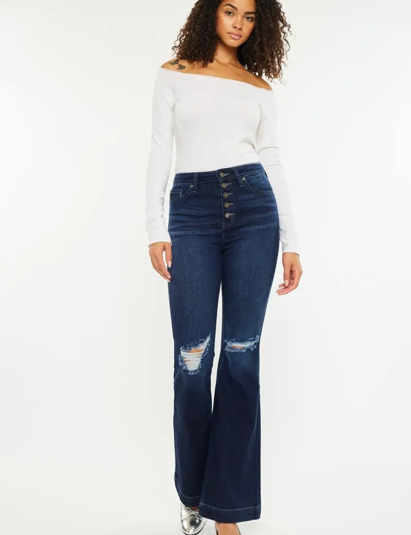 DARK Kancan Button Fly High Rise Distressed Flare Jeans | Jeans Daverri Fashions