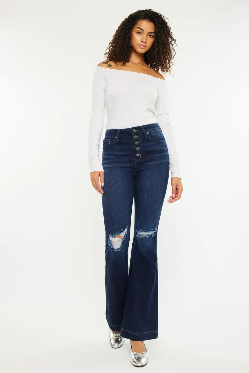Kancan Button Fly High Rise Distressed Flare Jeans DARK Jeans