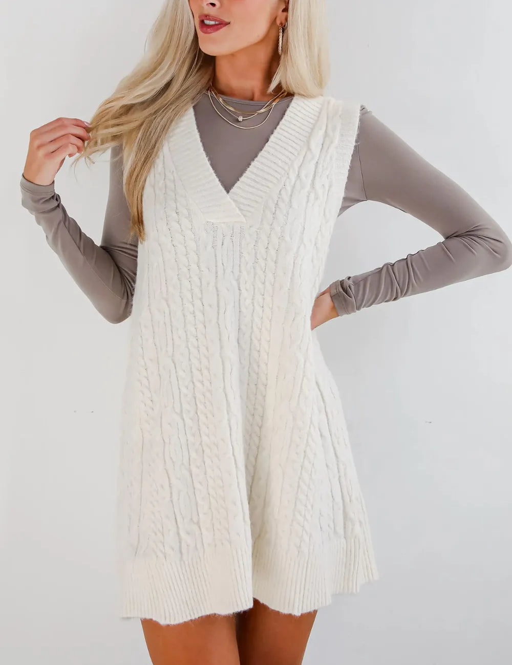 Lovelet Cable Knit V-Neck Mini Sweater Overall Dress | Mini Dresses Daverri Fashions