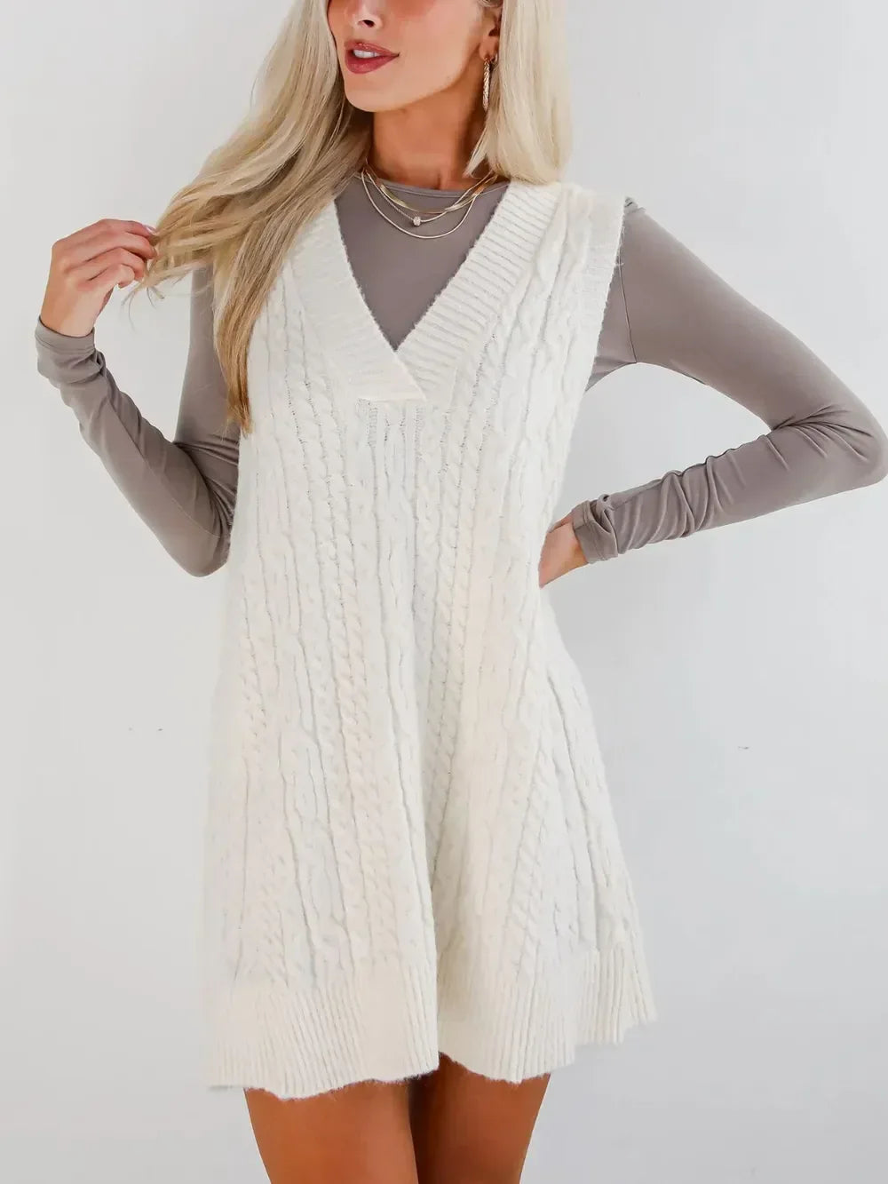 Lovelet Cable Knit V-Neck Mini Sweater Overall Dress - DAVERRI FASHIONS