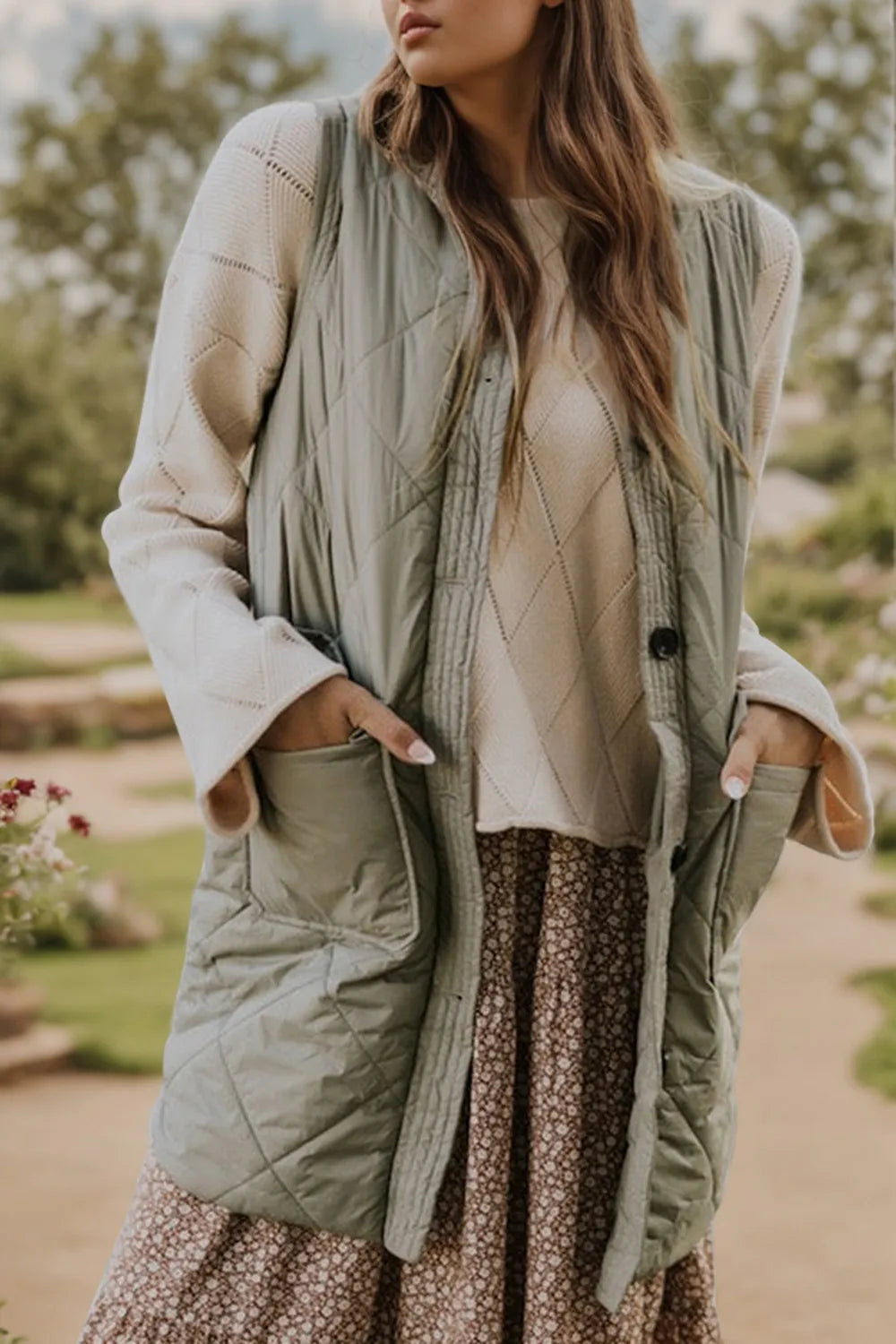 Sage Button Up Pocketed Vest Coat | Vest Jackets Daverri Fashions